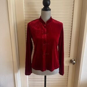Vintage Carole Little red velour Asian inspired long sleeve blouse